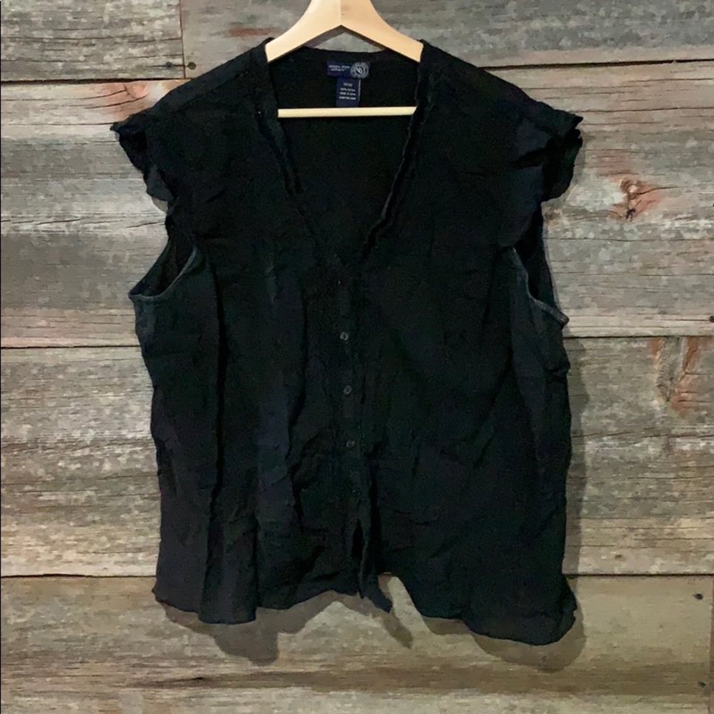 Venezia Black Button-Up Ruffle Sleeveless Top